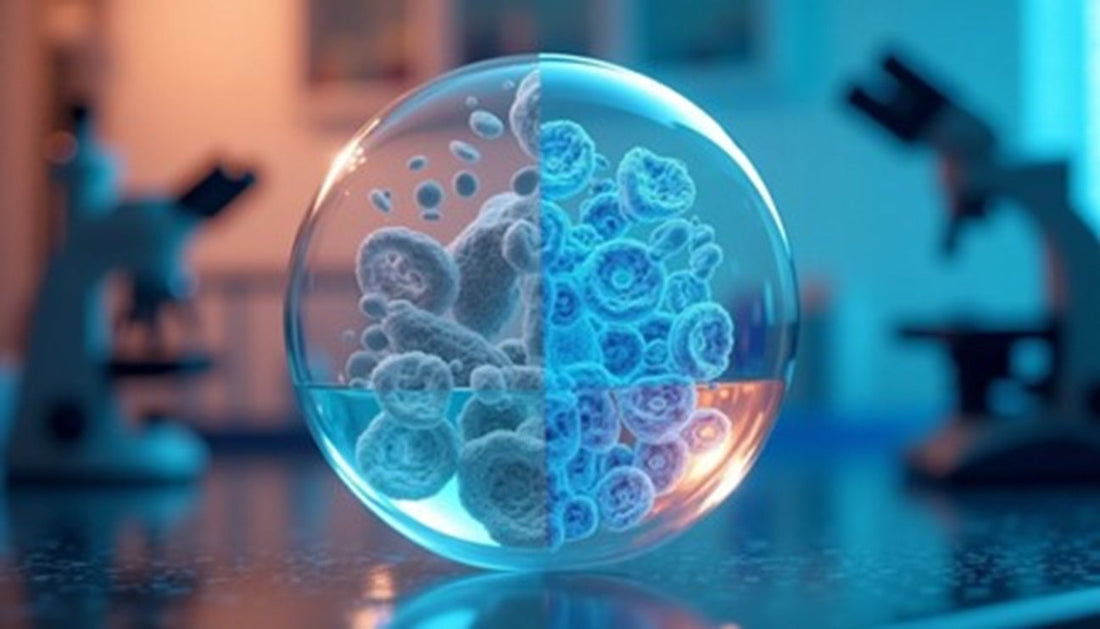 Split-cell sphere in lab setting showing diseased vs. healthy tissue—ideal for biomedical or synthetic biology content.