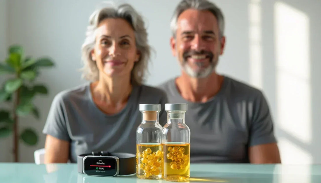 Smiling older adults seated beside supplement bottles and a digital health tracker—symbolizing active aging, wellness monitoring, and natural support for vitality.