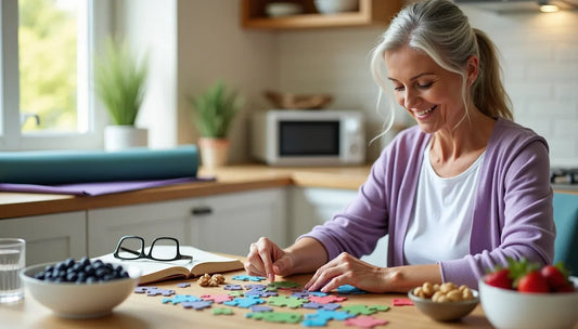 Older woman assembling a colorful puzzle at a kitchen table surrounded by healthy snacks and a book.
