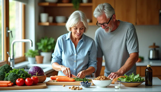 Senior couple preparing fresh vegetables and nuts in a kitchen promoting heart-healthy nutrition after 55.