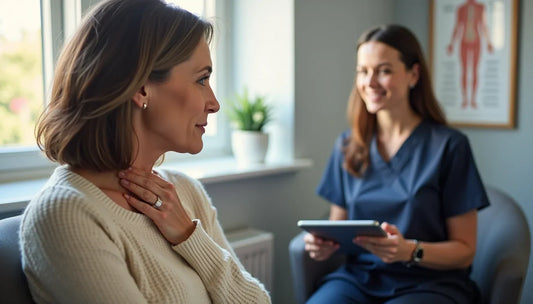 Woman in a medical consultation holding her throat while a healthcare professional reviews information on a tablet.