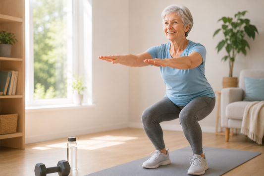 Older woman doing balance and strength exercises at home to support mobility and fall prevention after 55.