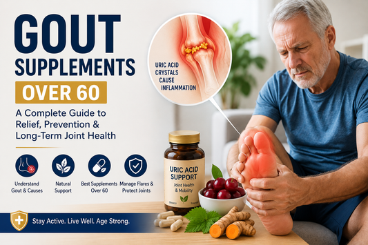 Older man with gout foot pain, uric acid crystal illustration and natural supplements for gout relief over 60.