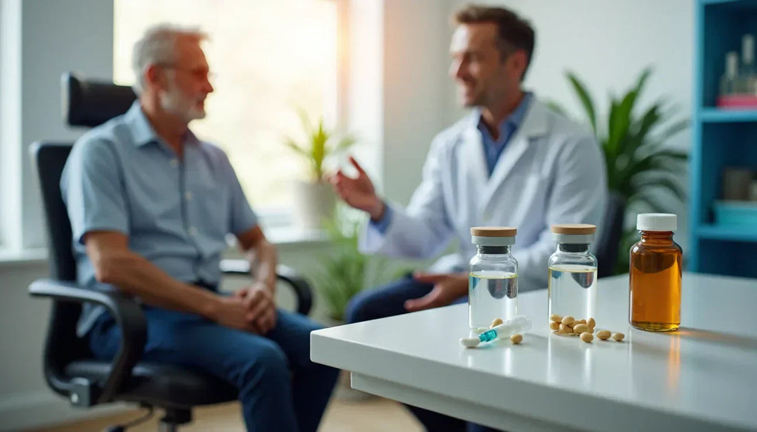 Doctor consulting an older man with testosterone treatment options including gel, injections, and supplements on the table