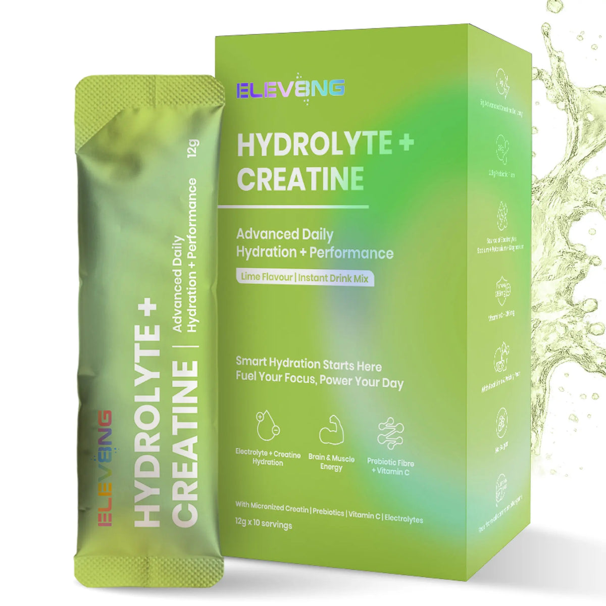 ELEV8NG Hydrolyte + Creatine – Lime Hydration Drink Mix Micronised Creatine + Electrolytes + Prebiotic Fibre + Vitamin C