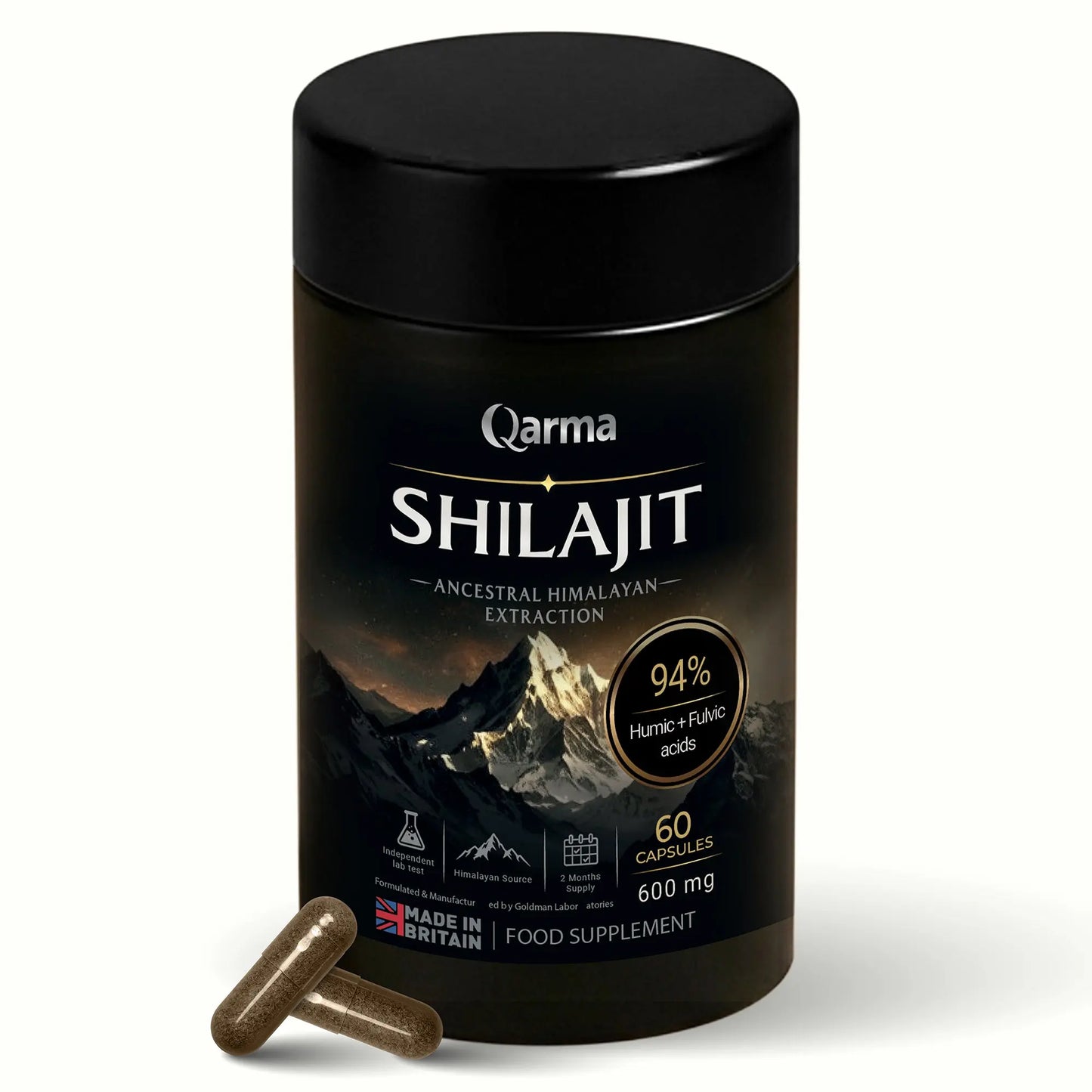 Qarma - Shilajit Capsules 600mg (10:1 Extract) – 94% Fulvic & Humic Acid – Pure Himalayan Shilajit – Energy, Stamina & Vitality Support – Lab Tested – 60 Vegan Capsules – Made in UK Goldman Laboratories