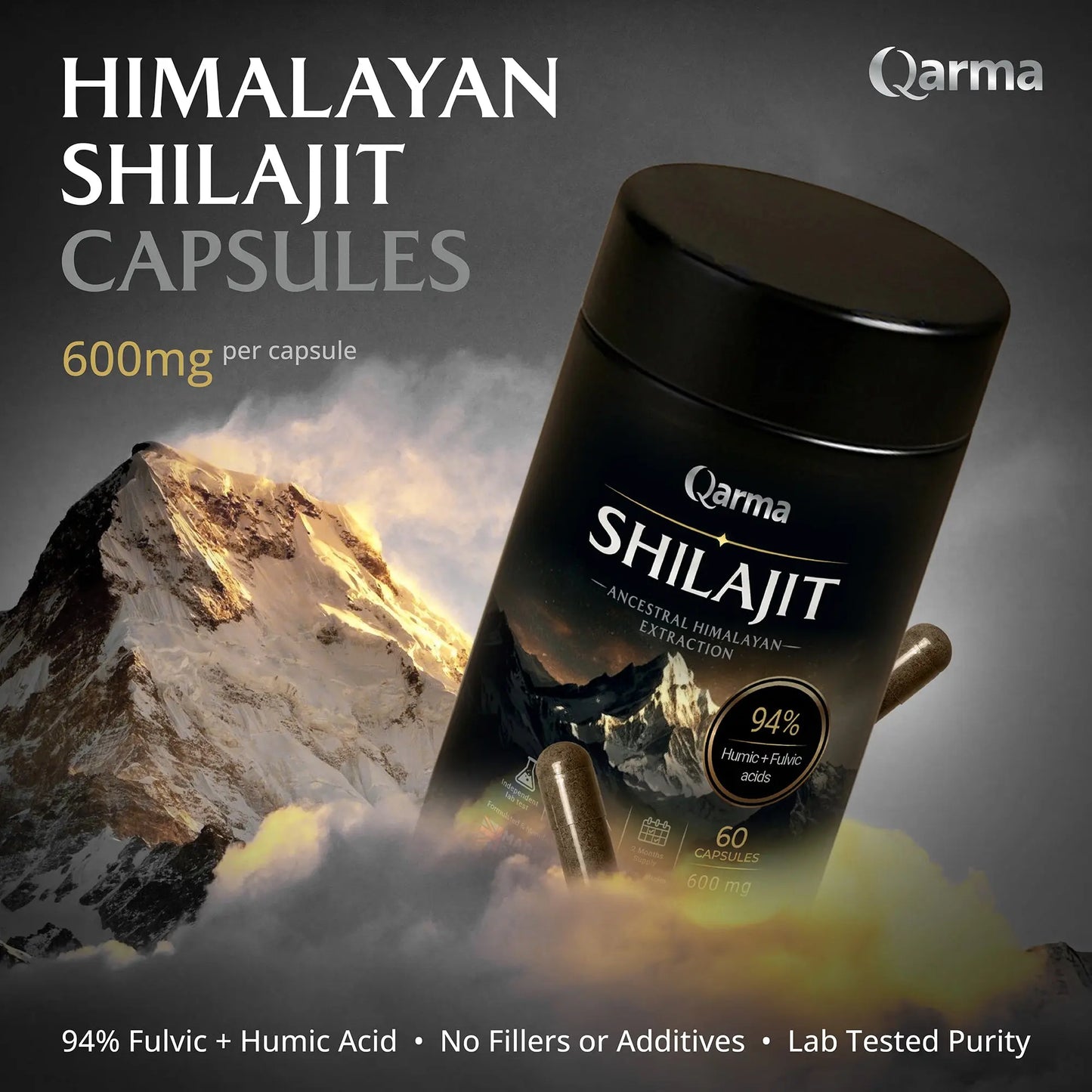 Qarma - Shilajit Capsules 600mg (10:1 Extract) – 94% Fulvic & Humic Acid – Pure Himalayan Shilajit – Energy, Stamina & Vitality Support – Lab Tested – 60 Vegan Capsules – Made in UK Goldman Laboratories